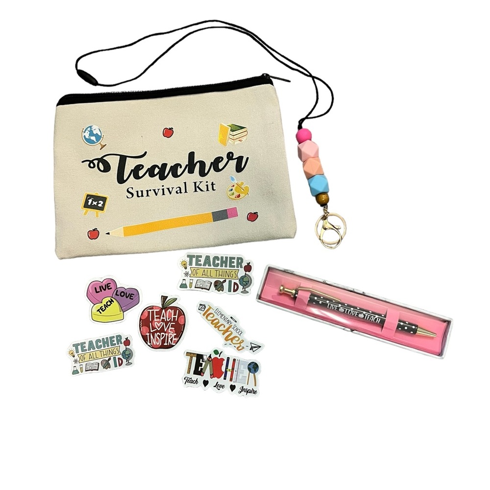Teacher Survival Kit Gift Set Includes Pouch, Six Stickers, Pen, & Lanyard